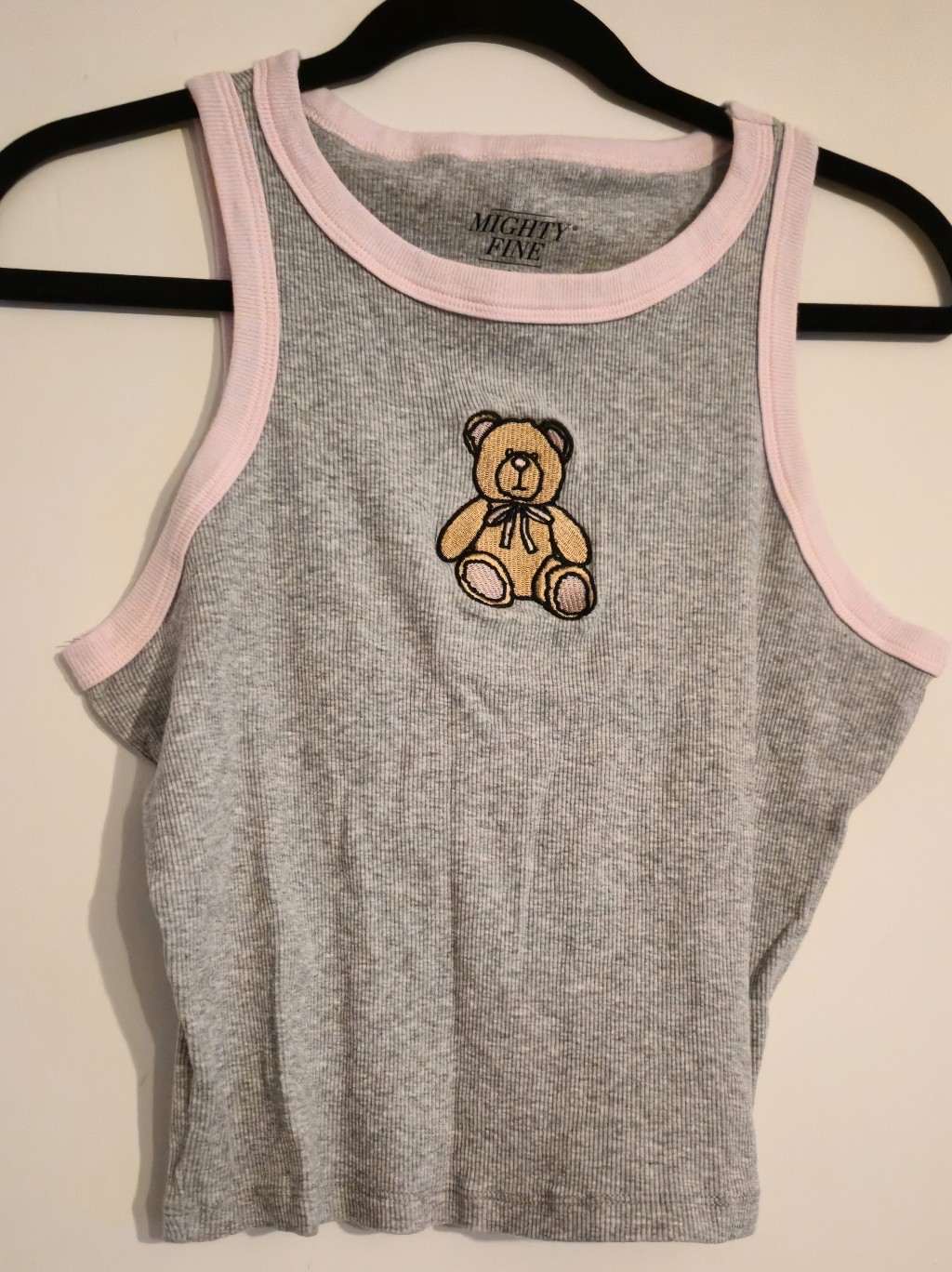 Mighty Fine Grey Ribbed Tank With Pink Trim And Teddy Patch